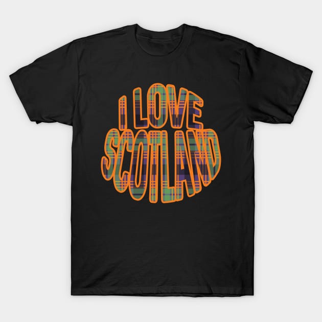 I LOVE SCOTLAND Purple, Orange and Green Tartan Colour Typography Design T-Shirt by MacPean